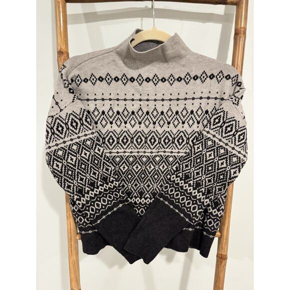 JOIE Gray FairIsle Cross Turtleneck Sweater Womens Small Mock Neck Nordic Jumper - Picture 3 of 4